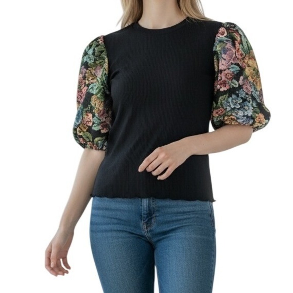 LoveWednesday Floral Puff Sleeve Top Womens Large Black Ribbed Tapestry Romantic